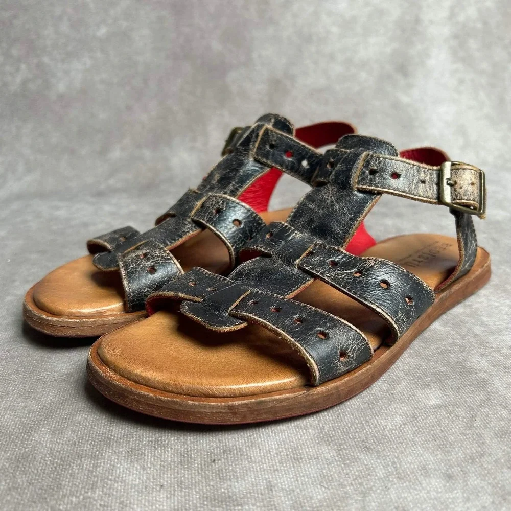 Bed Stu Sue Womens Sz 7 Distressed Black Red Leather Rustic Gladiator Sandals